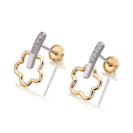 Aretes de oro 14k Broquel Gota de flor de oro amarillo montada sobre oro blanco y circonias