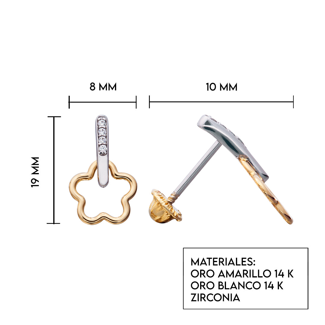 Aretes de oro 14k Broquel Gota de flor de oro amarillo montada sobre oro blanco y circonias