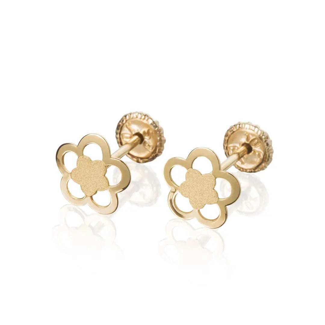 Aretes de oro 14K broquel 2 Flores con oro amarillo brillante y oro amarillo mate
