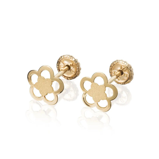 Aretes de oro 14K broquel 2 Flores con oro amarillo brillante y oro amarillo mate