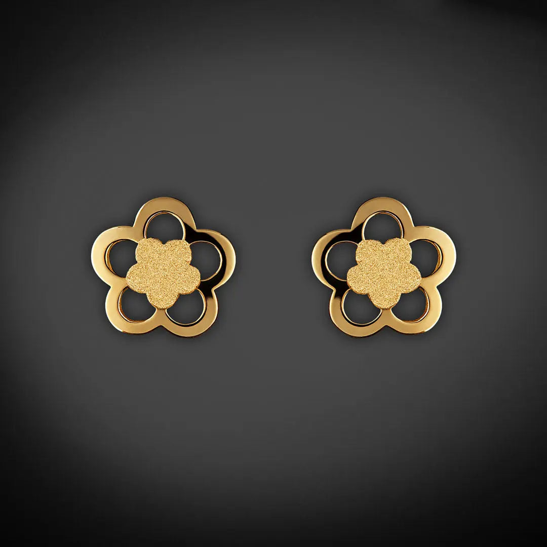 Aretes de oro 14K broquel 2 Flores con oro amarillo brillante y oro amarillo mate