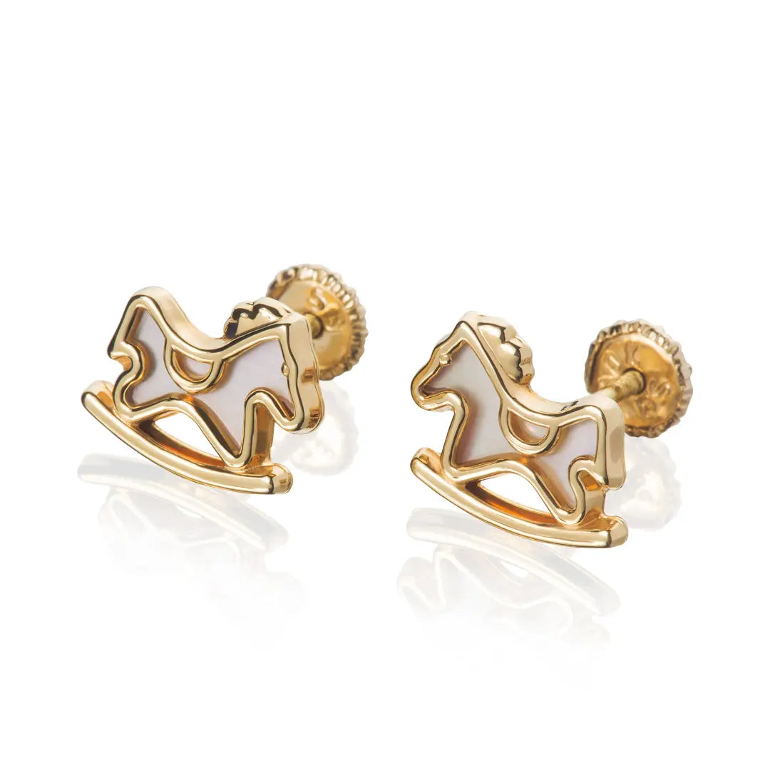 Aretes de oro 14K broquel Caballito mecedor oro amarillo con madre perla GIALLO JEWELRY