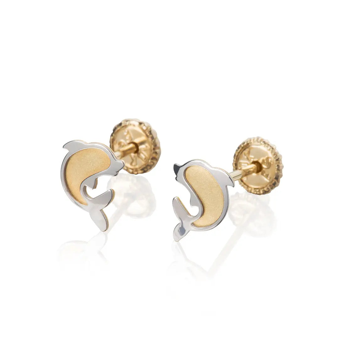 Aretes de oro 14K broquel Delfín oro blanco y amarillo