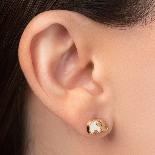 Aretes de oro 14K broquel Elefante oro amarillo, y madre perla GIALLO JEWELRY