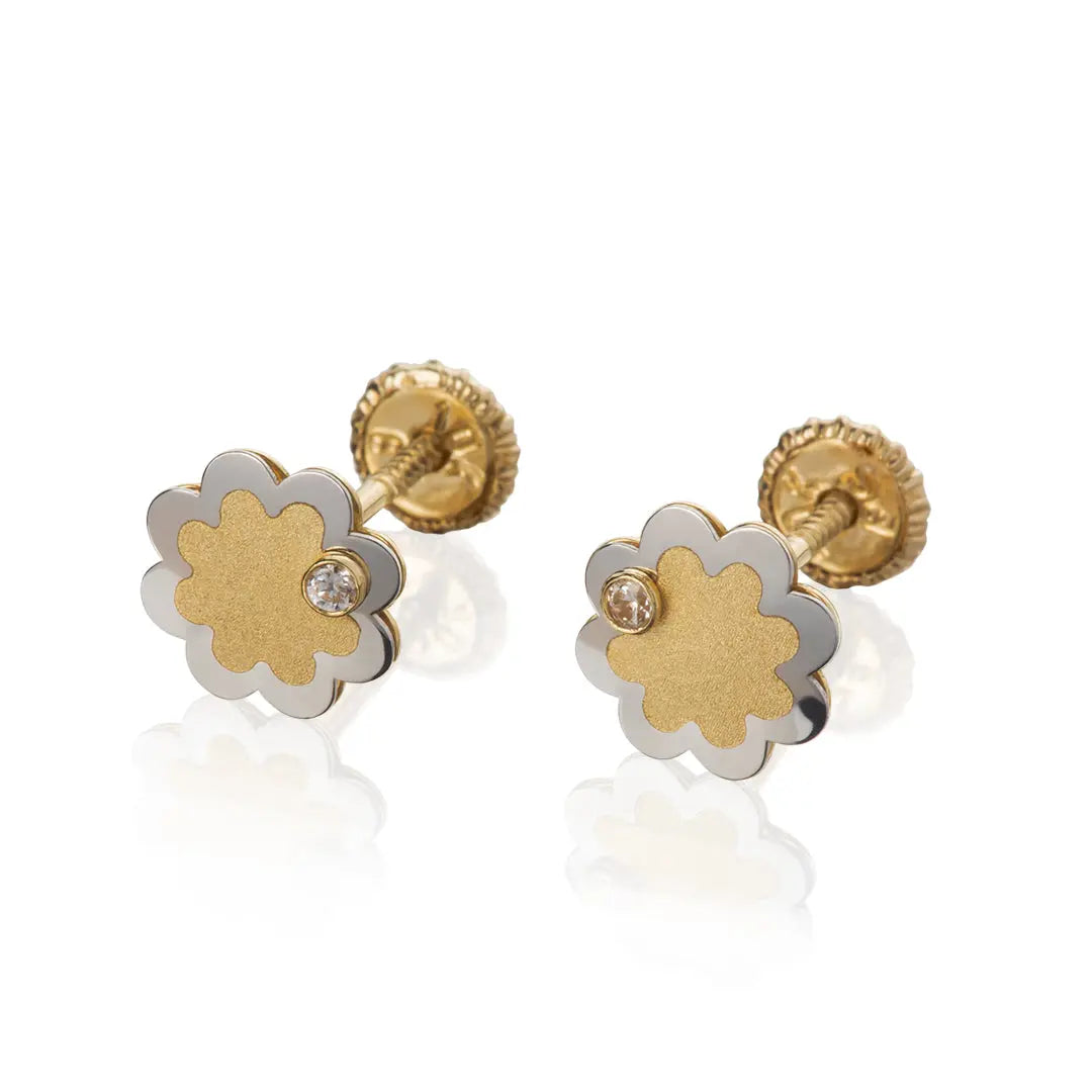 Aretes de oro 14K broquel Flor oro blanco, amarillo y circonia GIALLO JEWELRY
