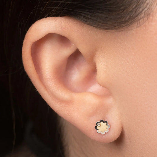 Aretes de oro 14K broquel Flor oro blanco, amarillo y circonia GIALLO JEWELRY