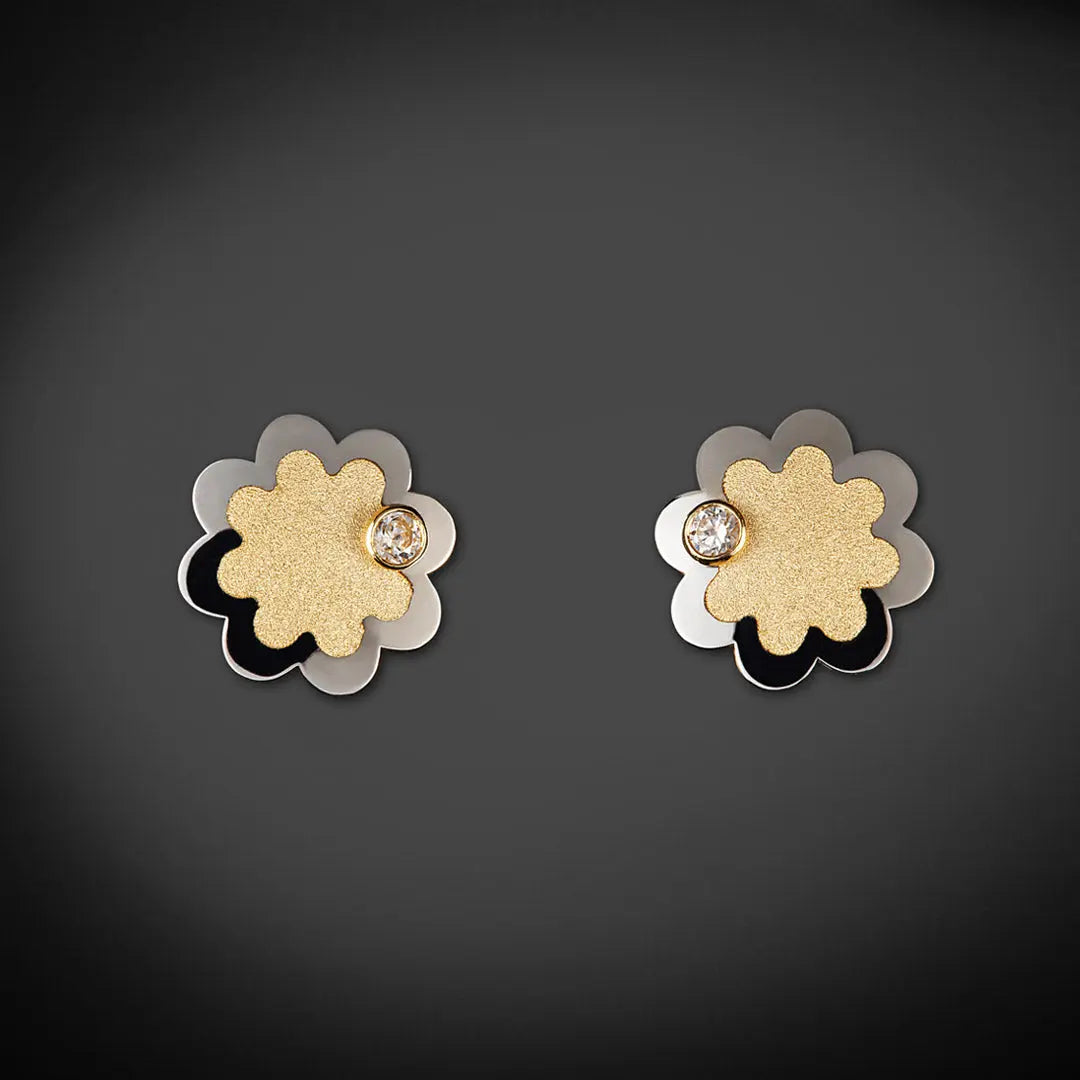 Aretes de oro 14K broquel Flor oro blanco, amarillo y circonia GIALLO JEWELRY