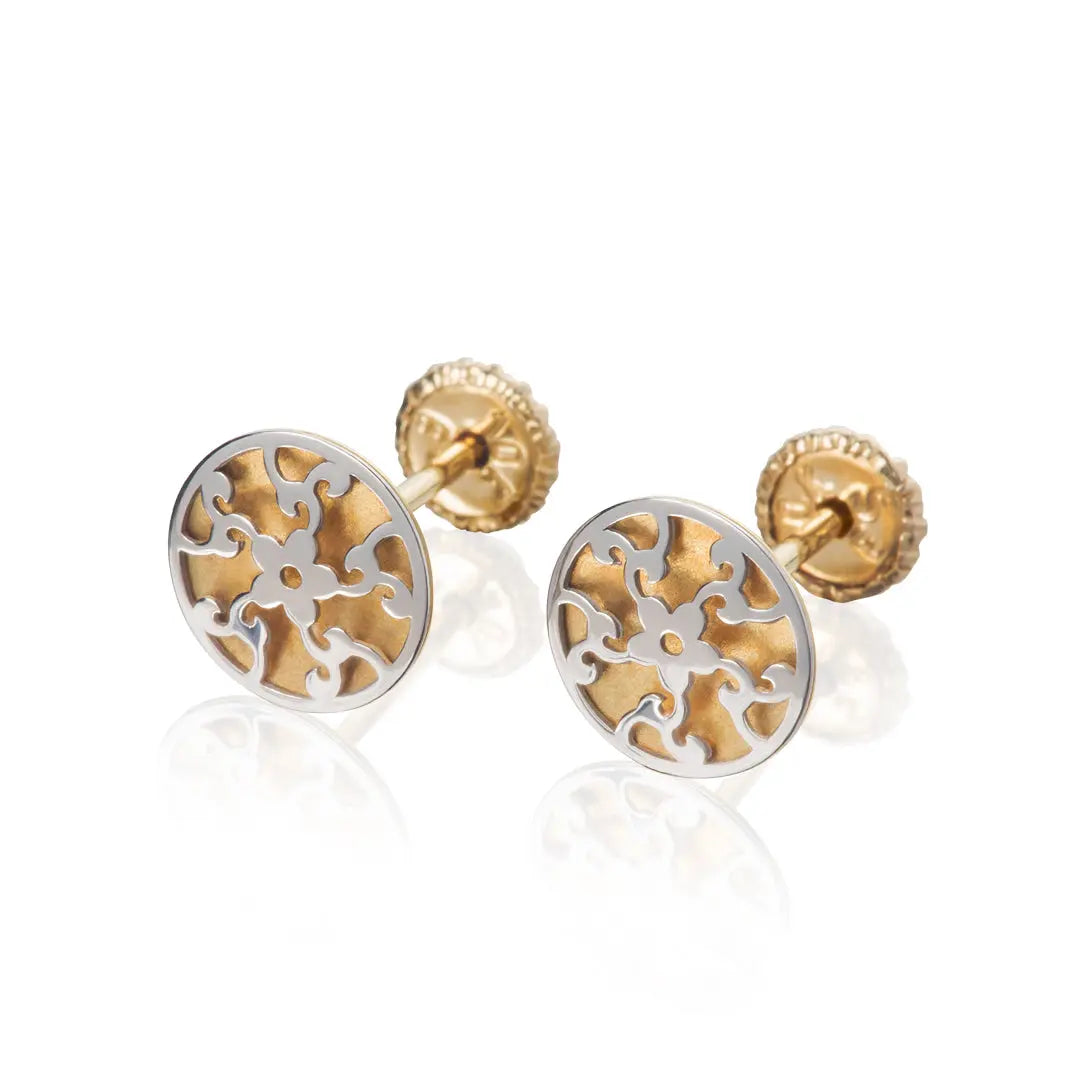 Aretes de oro 14K broquel Flor y hojas oro blanco y amarillo
