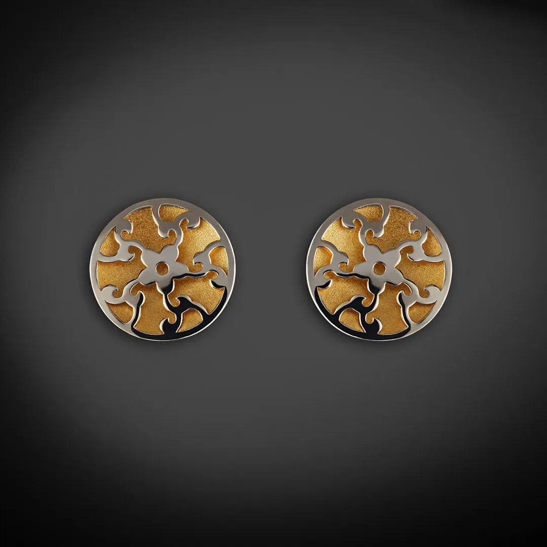 Aretes de oro 14K broquel Flor y hojas oro blanco y amarillo