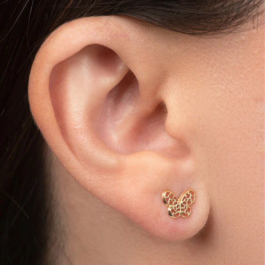Aretes de oro 14K broquel Mariposa con filigrana oro amarillo GIALLO JEWELRY