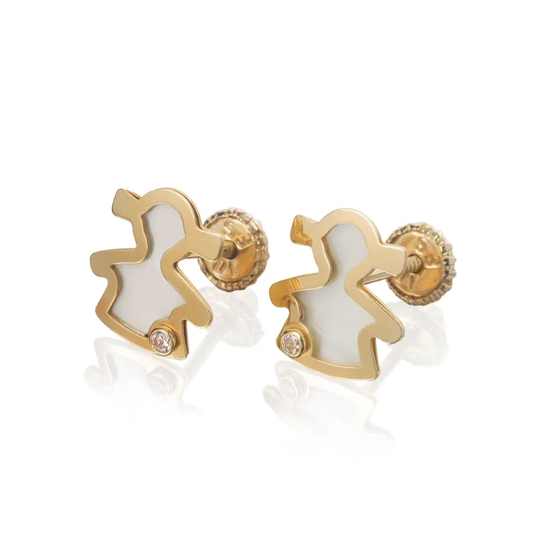 Aretes de oro 14K broquel Niña oro amarillo, madre perla y circonia GIALLO JEWELRY