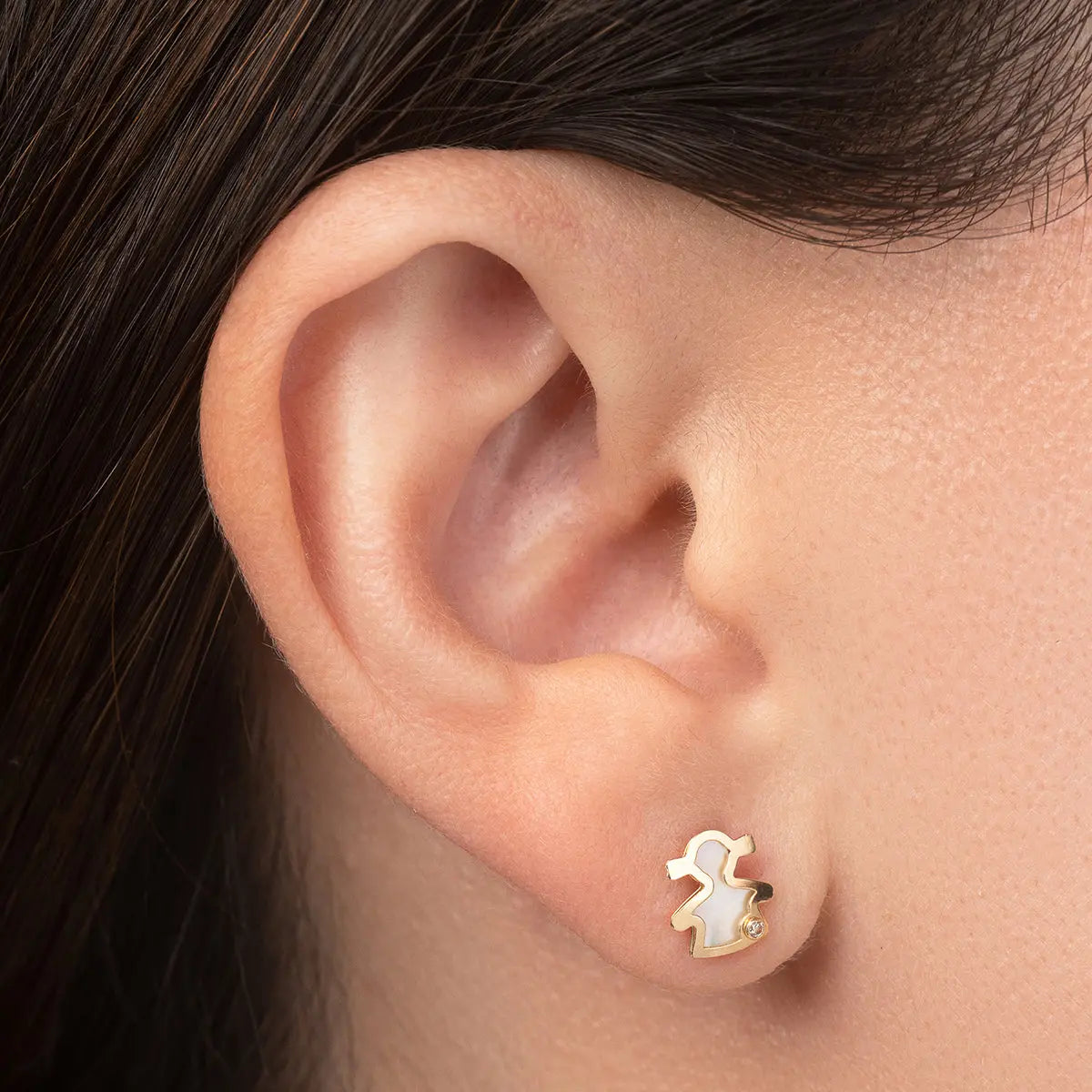 Aretes de oro 14K broquel Niña oro amarillo, madre perla y circonia GIALLO JEWELRY