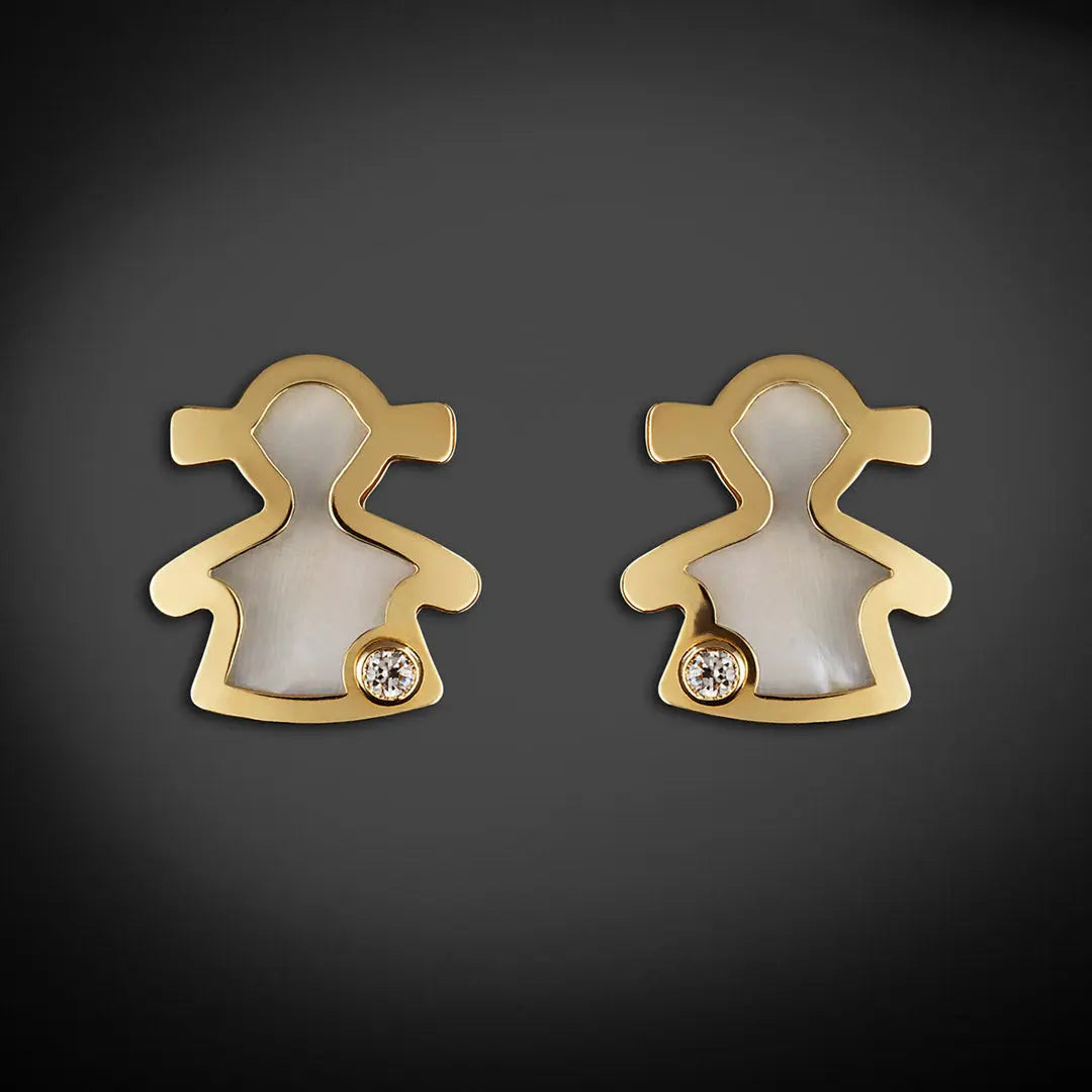 Aretes de oro 14K broquel Niña oro amarillo, madre perla y circonia GIALLO JEWELRY