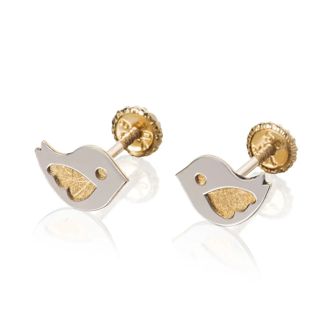 Aretes de oro 14K broquel Pájaro oro blanco y amarillo GIALLO JEWELRY