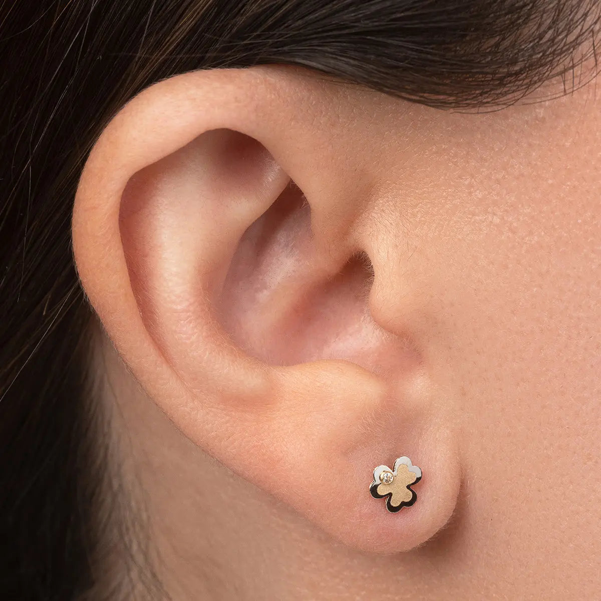 Aretes de oro 14K broquel Tréboles oro blanco, amarillo y circonia GIALLO JEWELRY