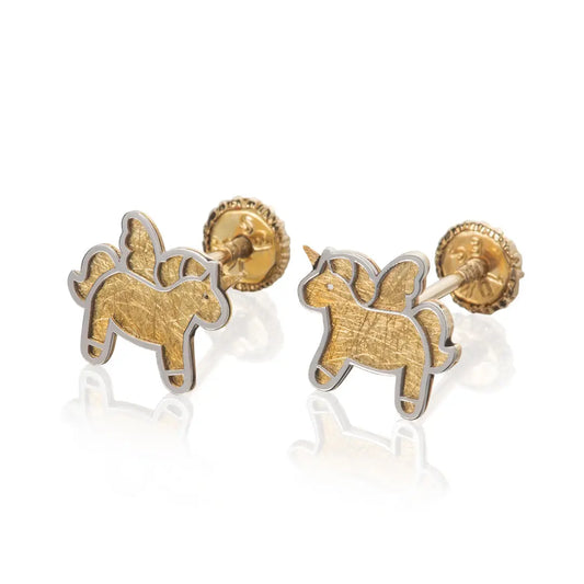 Aretes de oro 14K broquel Unicornios oro blanco y amarillo diseño en líneas