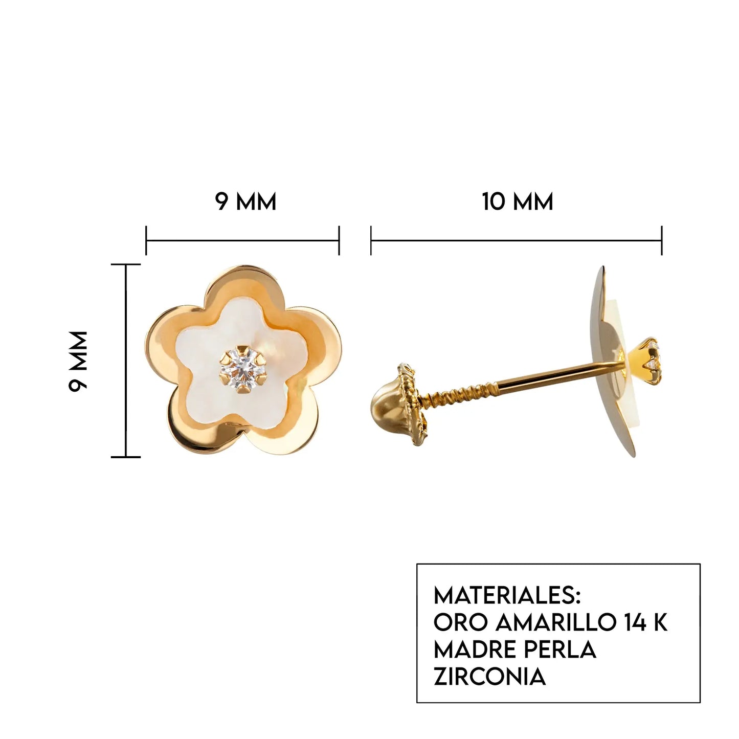 Aretes de oro 14k Broquel Agua de flor con oro amarillo, madre perla y circonia GIALLO JEWELRY