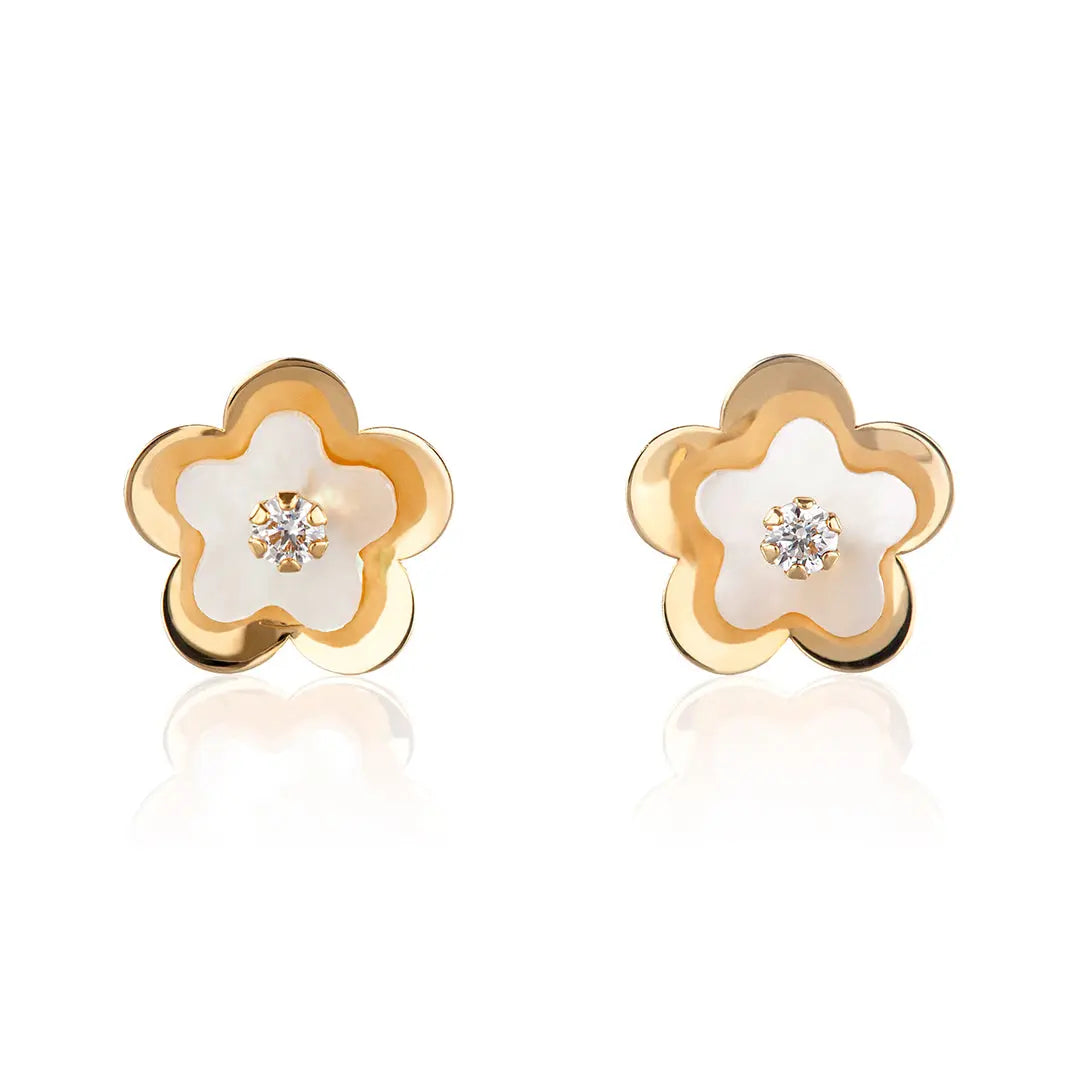 Aretes de oro 14k Broquel Agua de flor con oro amarillo, madre perla y circonia GIALLO JEWELRY