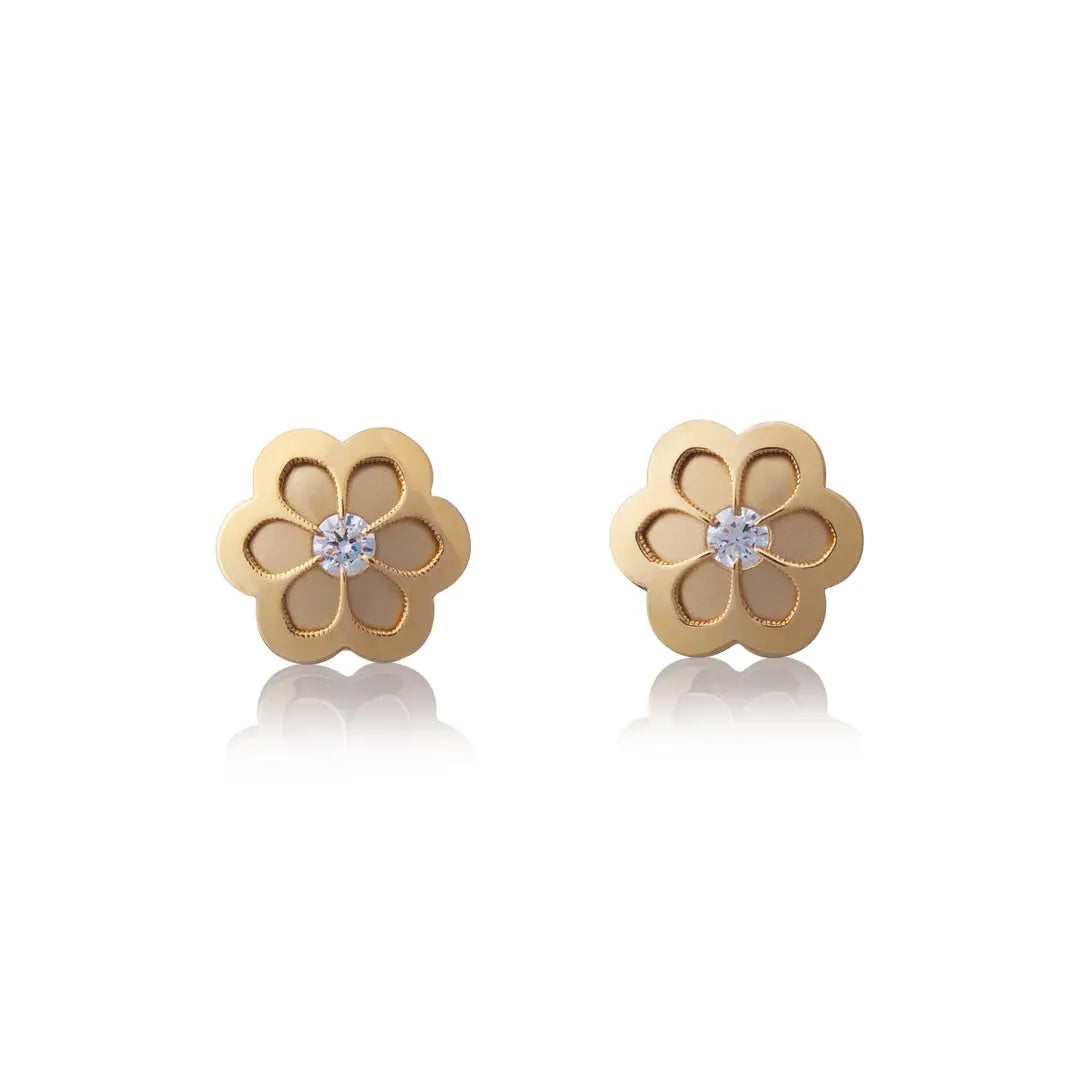 Aretes de oro 14k Broquel Flor trompeda dorada de oro amarillo con circonia GIALLO JEWELRY