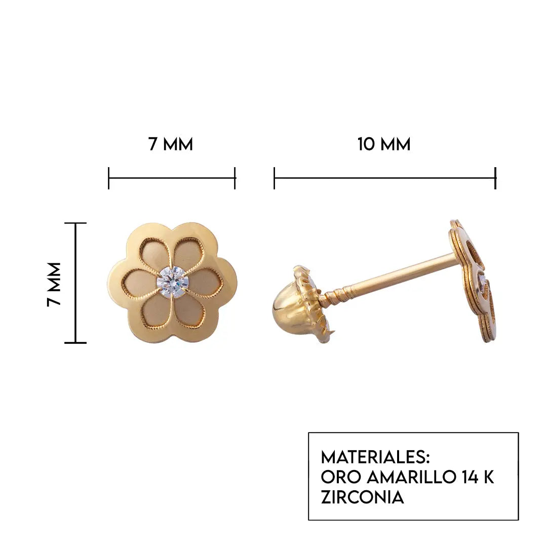 Aretes de oro 14k Broquel Flor trompeda dorada de oro amarillo con circonia GIALLO JEWELRY