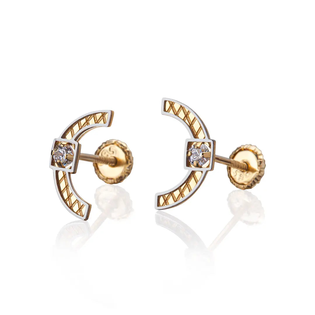 Aretes de oro 14k Broquel GIALLO COLLECTION Arcos de oro amarillo y oro blanco con cortes diamantados y circonias GIALLO JEWELRY
