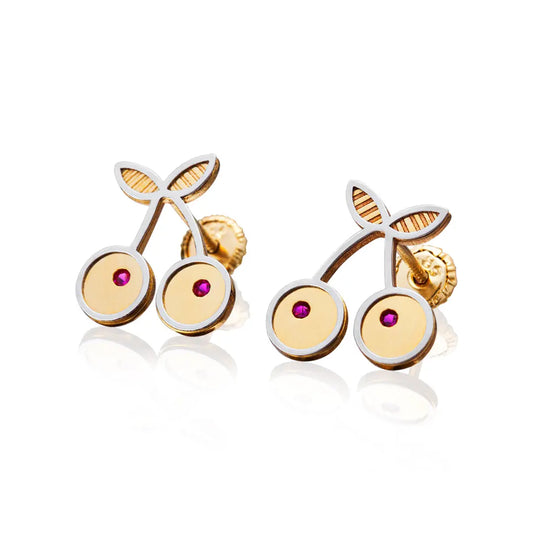 Aretes de oro 14k Broquel GIALLO COLLECTION Cerezas de oro amarillo y oro blanco con cortes diamantados y circonias rojas GIALLO JEWELRY