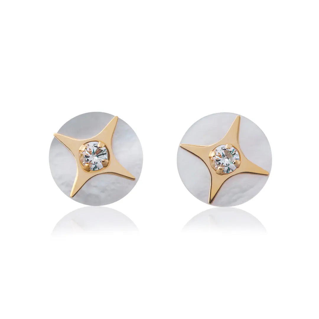 Aretes de oro 14k Broquel GIALLO COLLECTION Estrella de belén de oro amarillo, con madre perla y circonias brillantes GIALLO JEWELRY