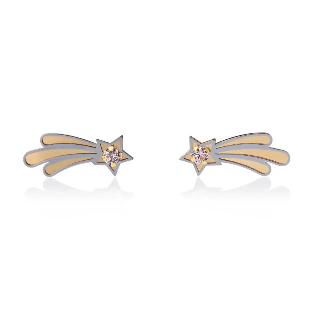 Aretes de oro 14k Broquel GIALLO COLLECTION cometas de oro amarillo, oro blanco y circonias GIALLO JEWELRY