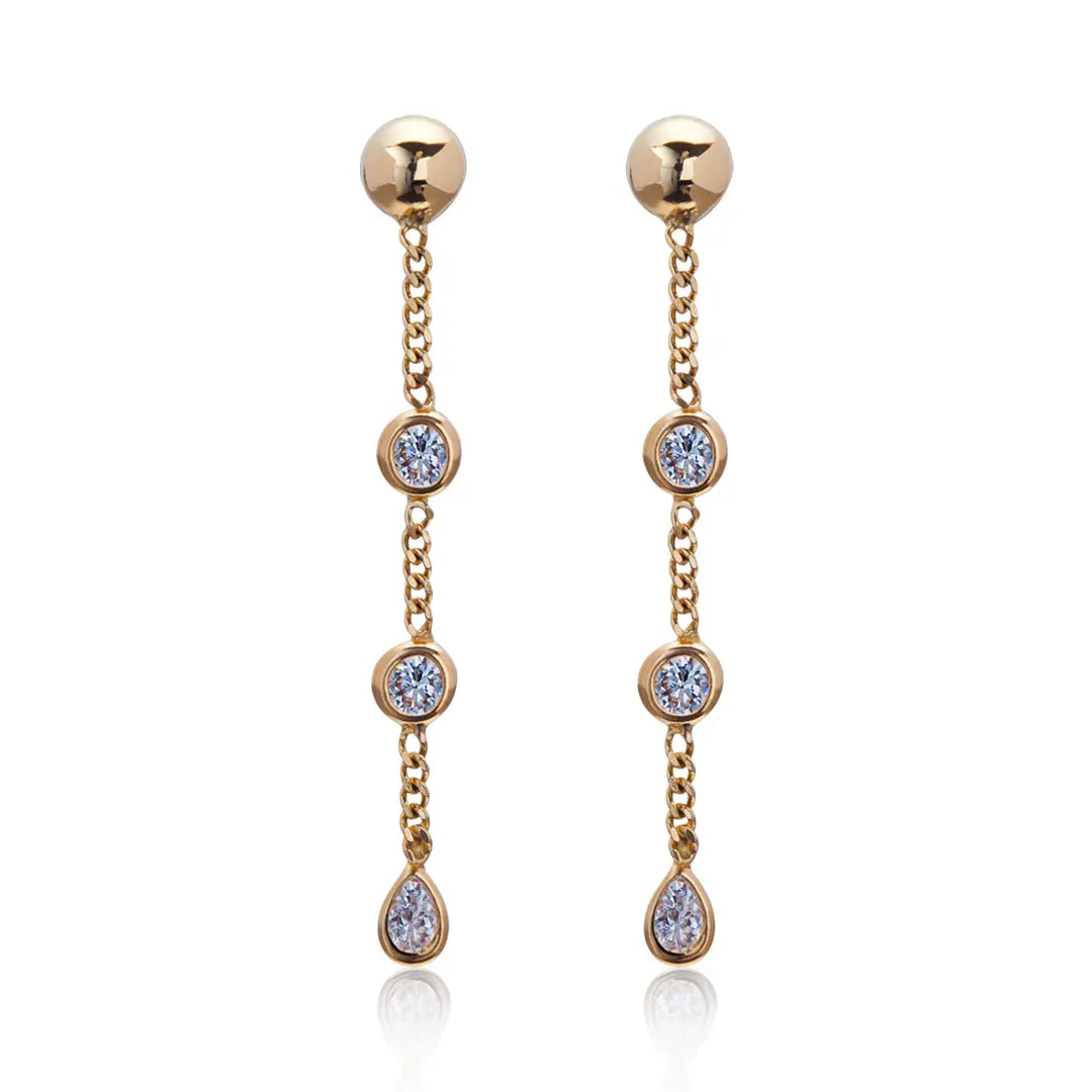 Aretes de oro 14k Broquel Gotas de agua de oro amarillo con circonias brillantes en cadena GIALLO JEWELRY