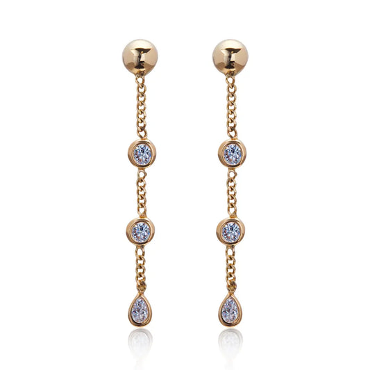Aretes de oro 14k Broquel Gotas de agua de oro amarillo con circonias brillantes en cadena GIALLO JEWELRY