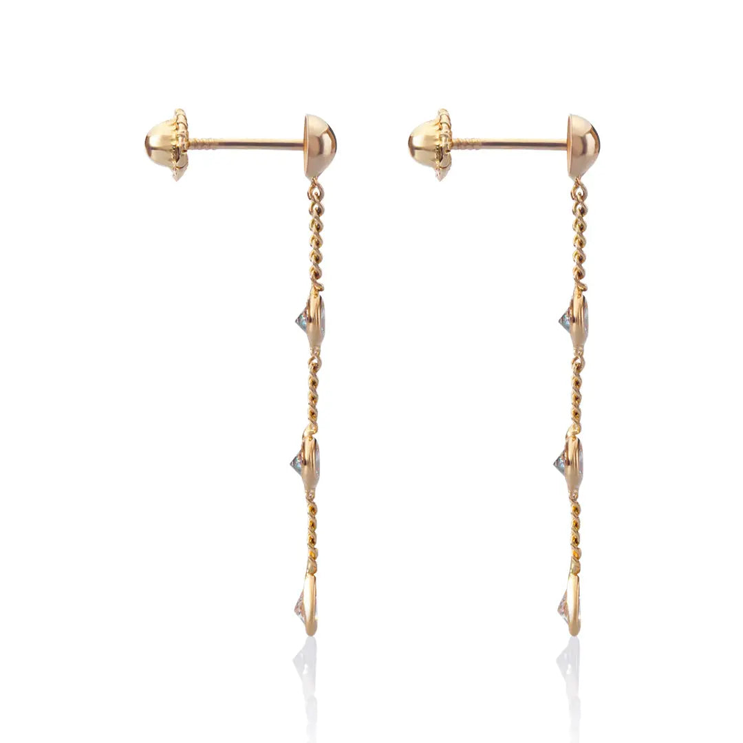 Aretes de oro 14k Broquel Gotas de agua de oro amarillo con circonias brillantes en cadena GIALLO JEWELRY