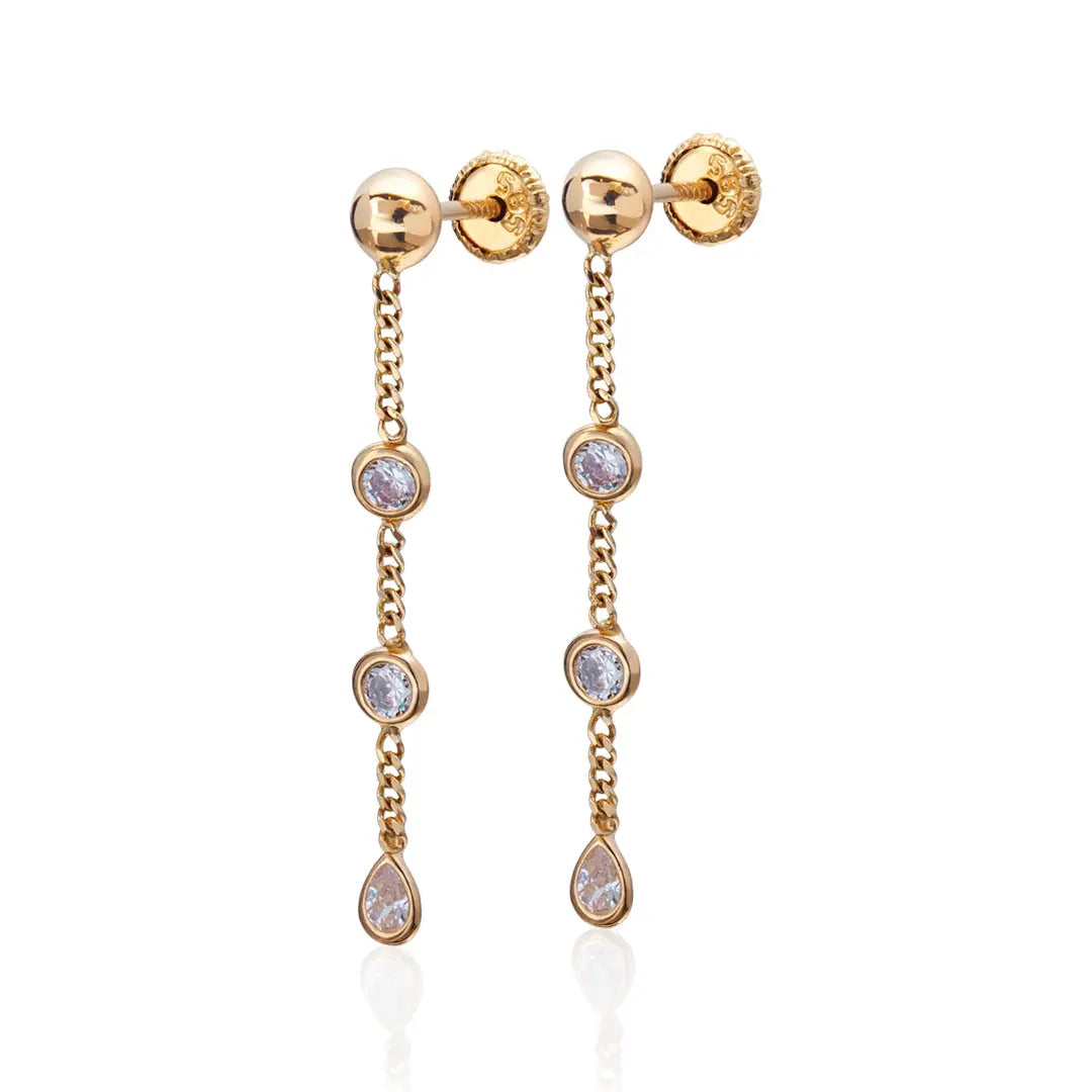 Aretes de oro 14k Broquel Gotas de agua de oro amarillo con circonias brillantes en cadena GIALLO JEWELRY