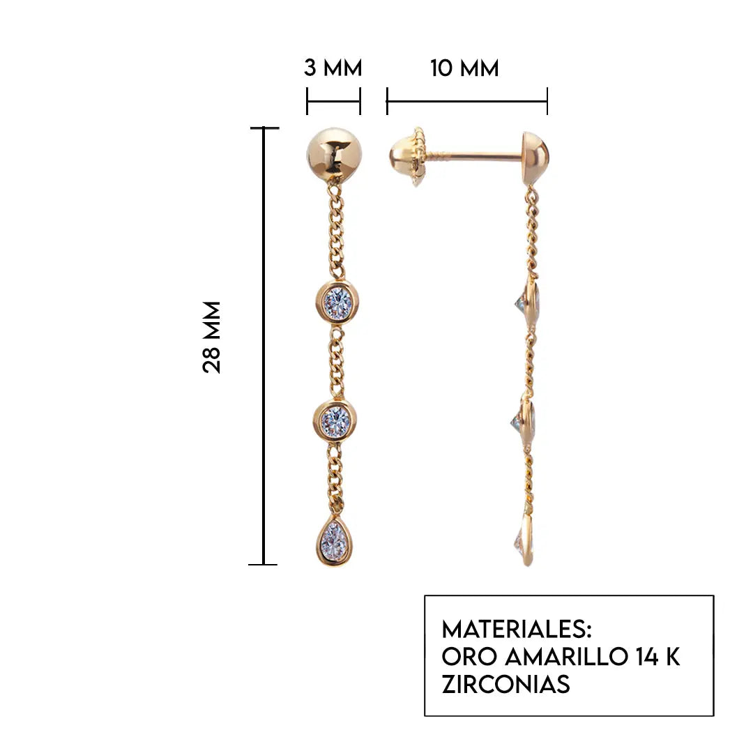 Aretes de oro 14k Broquel Gotas de agua de oro amarillo con circonias brillantes en cadena GIALLO JEWELRY