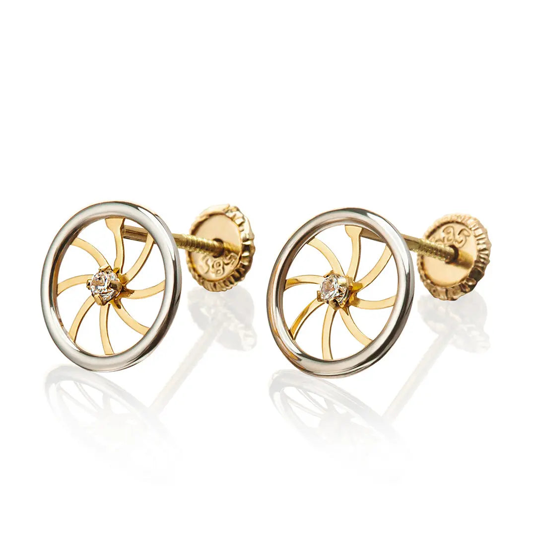Aretes de oro 14k Broquel Rueda con oro amarillo, oro blanco y zirconia GIALLO JEWELRY
