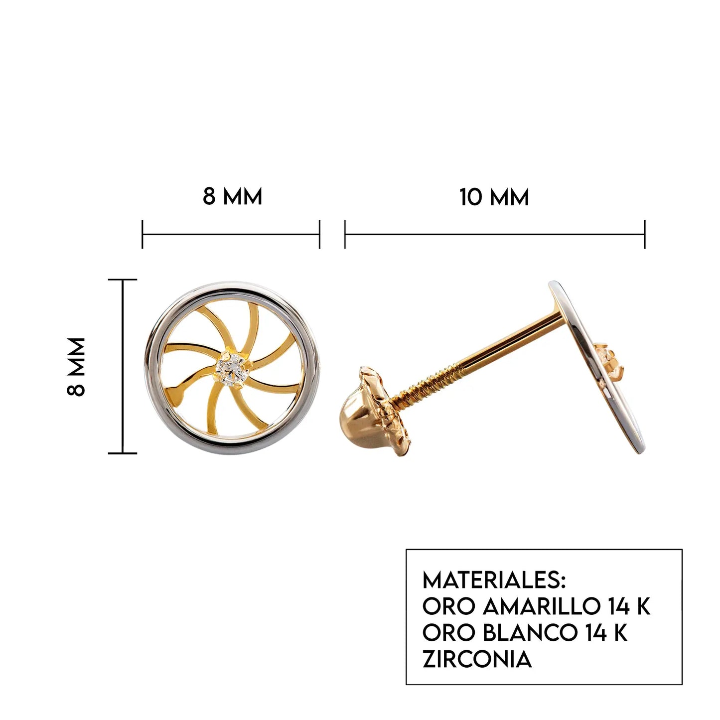 Aretes de oro 14k Broquel Rueda con oro amarillo, oro blanco y zirconia GIALLO JEWELRY