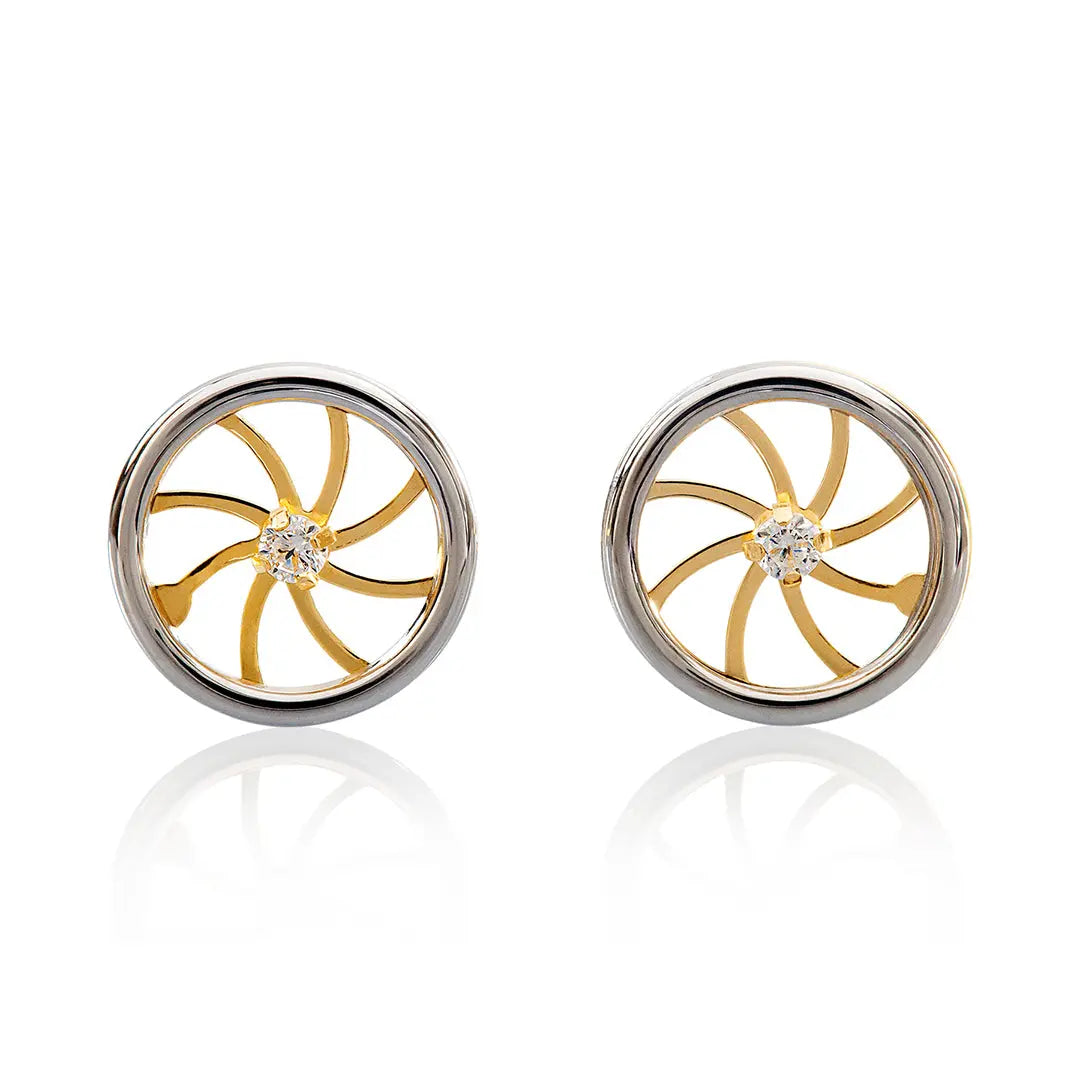 Aretes de oro 14k Broquel Rueda con oro amarillo, oro blanco y zirconia GIALLO JEWELRY