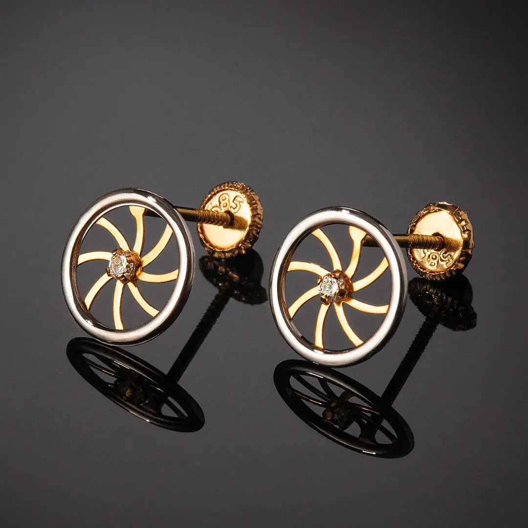 Aretes de oro 14k Broquel Rueda con oro amarillo, oro blanco y zirconia GIALLO JEWELRY