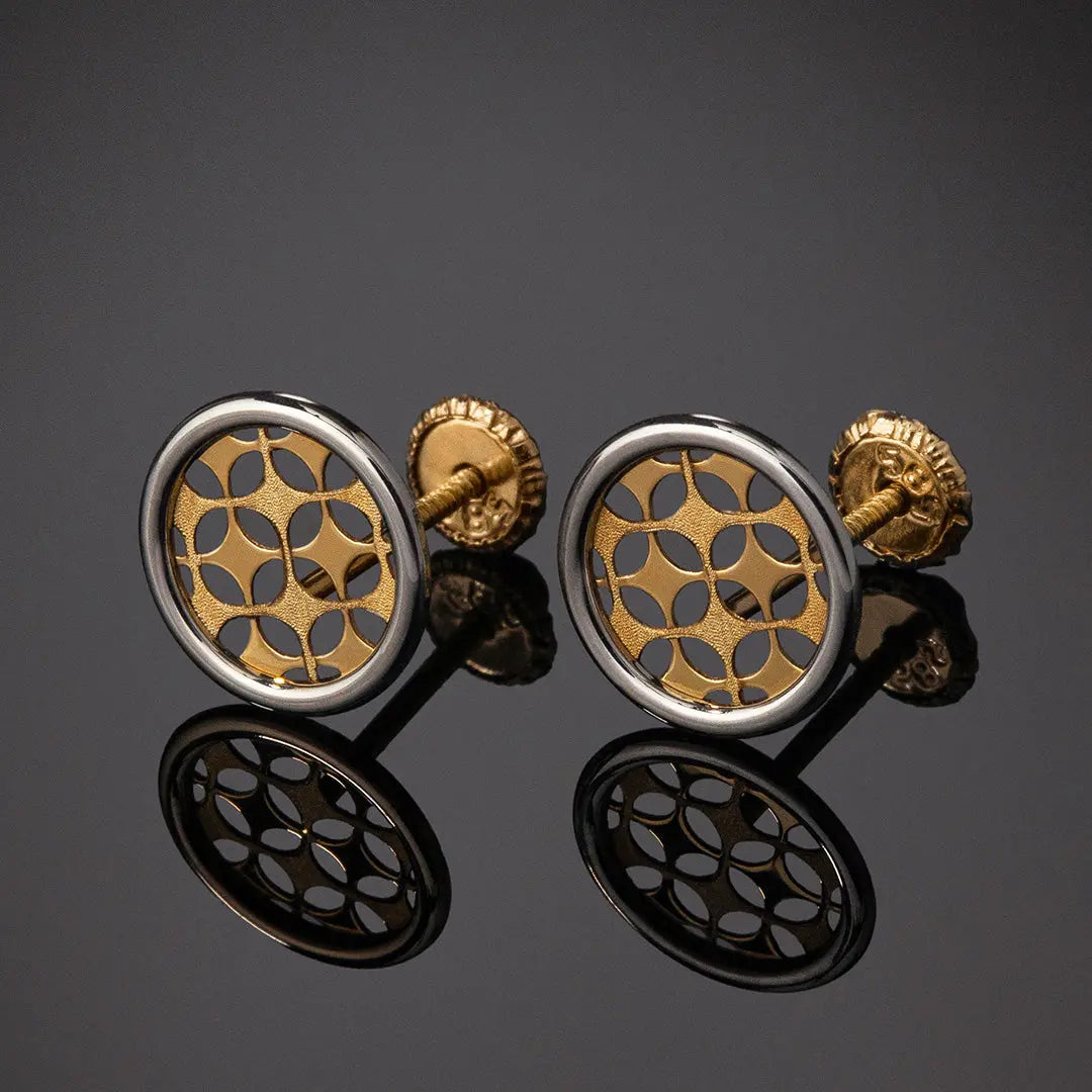 Aretes de oro 14k Broquel Sello de Arlequin con oro amarillo y oro blanco GIALLO JEWELRY