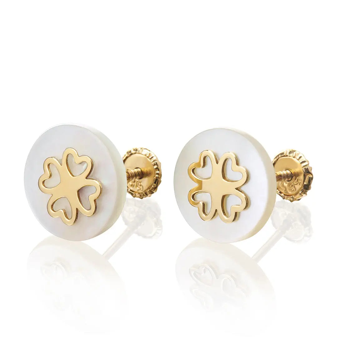 Aretes de oro 14k Broquel Sello de corazones con oro amarillo y madre perla GIALLO JEWELRY