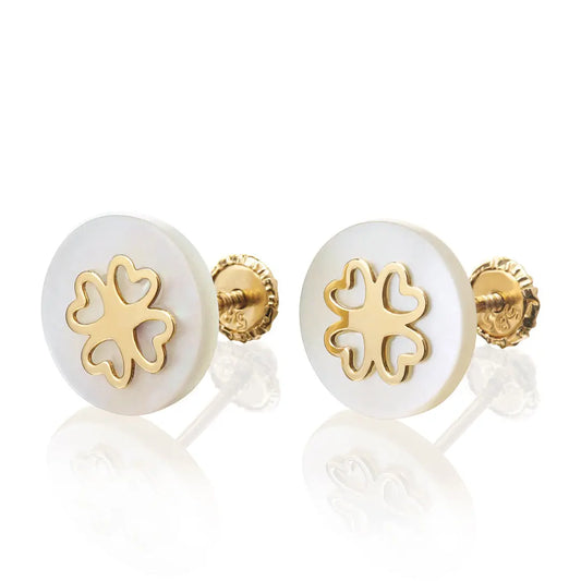 Aretes de oro 14k Broquel Sello de corazones con oro amarillo y madre perla GIALLO JEWELRY