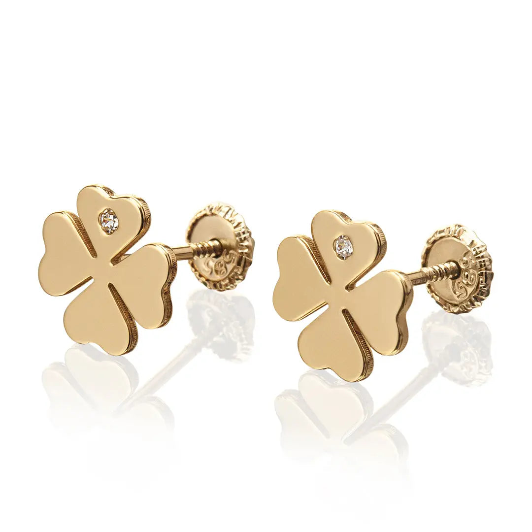 Aretes de oro 14k Broquel Trébol con oro amarillo y zirconia GIALLO JEWELRY