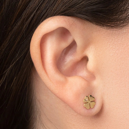 Aretes de oro 14k Broquel Trébol con oro amarillo y zirconia GIALLO JEWELRY