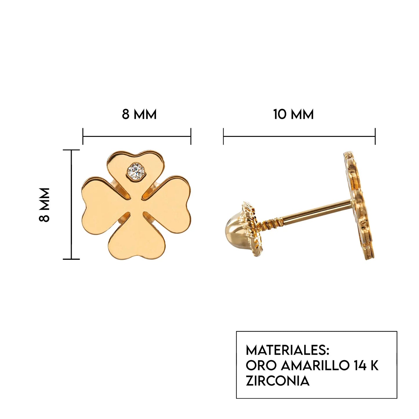 Aretes de oro 14k Broquel Trébol con oro amarillo y zirconia GIALLO JEWELRY