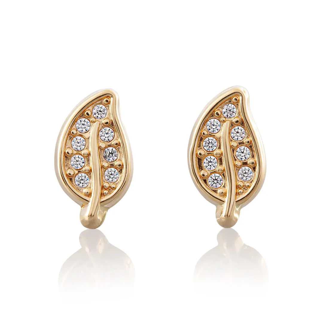 Aretes de oro 14k broquel Hojitas oro amarillo brillante con circonias GIALLO JEWELRY