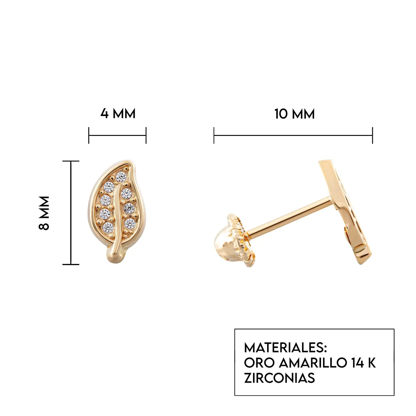 Aretes de oro 14k broquel Hojitas oro amarillo brillante con circonias GIALLO JEWELRY