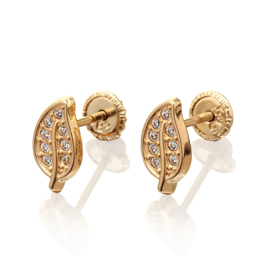 Aretes de oro 14k broquel Hojitas oro amarillo brillante con circonias GIALLO JEWELRY