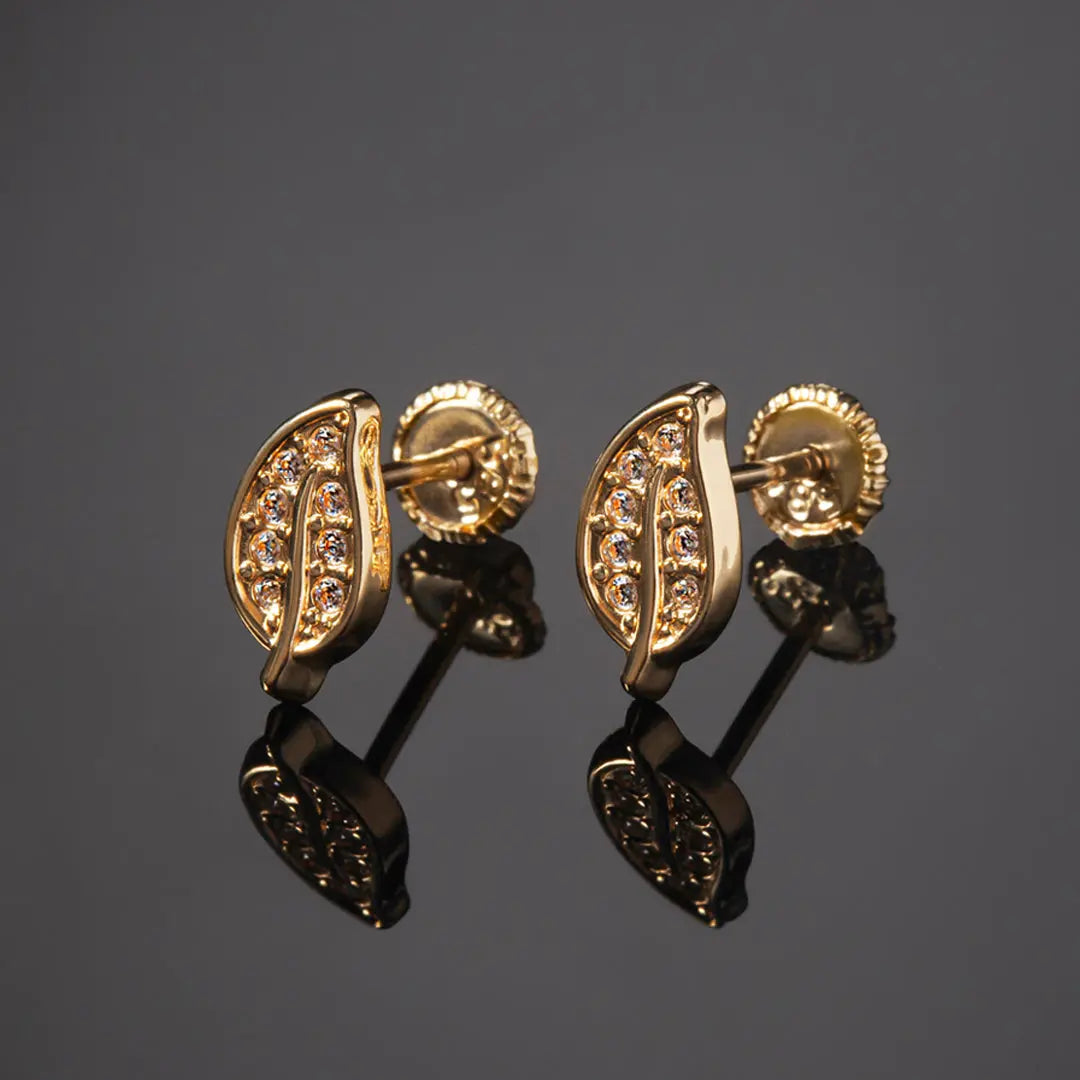 Aretes de oro 14k broquel Hojitas oro amarillo brillante con circonias GIALLO JEWELRY