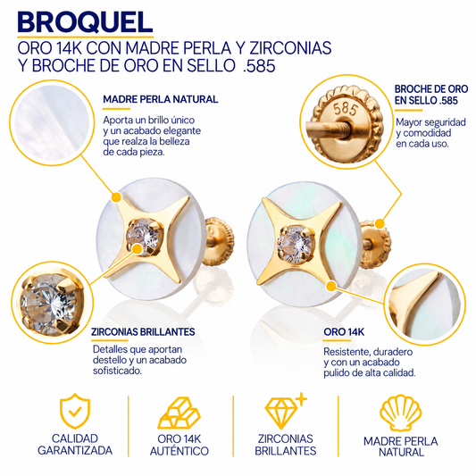 Aretes de oro 14k Broquel GIALLO COLLECTION Estrella de belén de oro amarillo, con madre perla y circonias brillantes