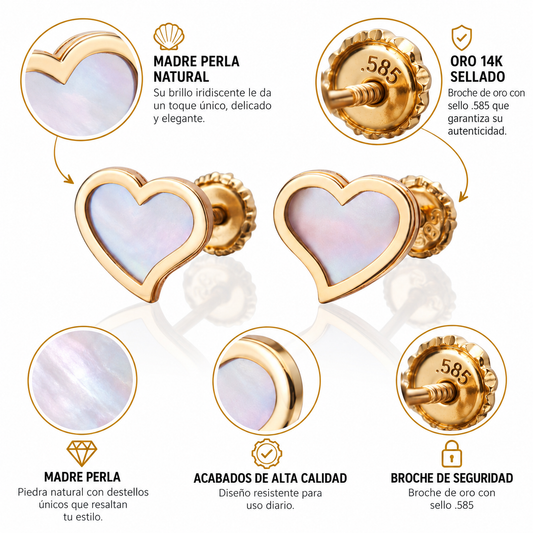Aretes de oro 14k Broquel Corazón nube de oro amarillo brillante y madre perla