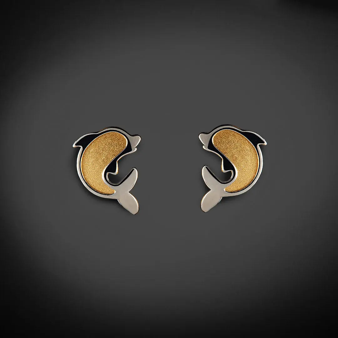 Aretes de oro 14K broquel Delfín oro blanco y amarillo